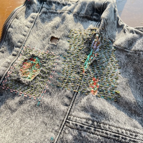 We The Free Upcycled denim overall dress Sashiko embroidered handmade size 12 - Picture 6 of 13